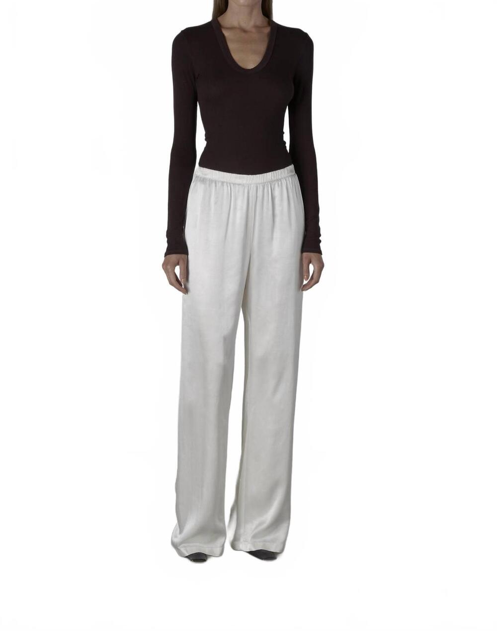 NEW ENZA COSTA silk rib long sleeves u-neck top in brown